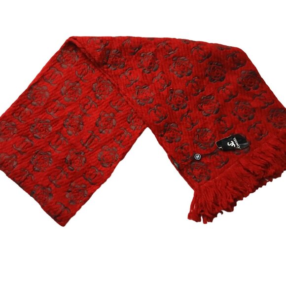 CHANEL Luxury Vintage VWT Red Rose Motif Cashmere Silk Fringed Shawl Wrap Scarf - Picture 1 of 15